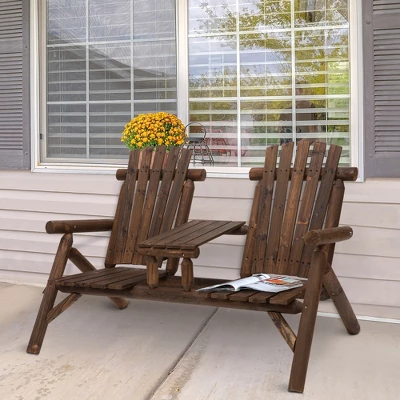 Outsunny Wood Adirondack Patio Chair Bench With Center Coffee Table, Perfect For Lounging And Relaxing Outdoors 2 Outsunny Wood Adirondack Patio Chair Bench With Center Coffee Table, Perfect For Lounging And Relaxing Outdoors - Image 2