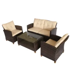 Outsunny 4 Pieces Patio Furniture Sets Rattan Wicker Chair W/ Table Outdoor Conversation Set With Cushion For Backyard Porch Garden Poolside And Deck -Outsunny GUEST 042b1556 9dc4 4914 ae4b 07ba454c1420