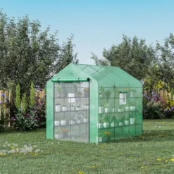 Outsunny 8' X 6' X 7' Walk-in Greenhouse, 18 Shelf Hot House, Roll Up Zipper Door, UV Protective For Flowers, Herbs, Vegetables, Green