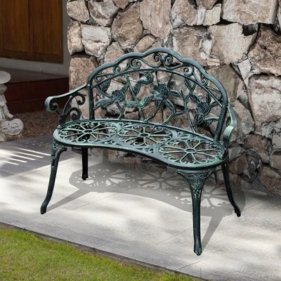 Outsunny Garden Bench Loveseat With Floral Rose Style, Cast Aluminum Frame For Outdoor, Patio, Park, Deck, Antique Green 1 Outsunny Garden Bench Loveseat With Floral Rose Style, Cast Aluminum Frame For Outdoor, Patio, Park, Deck, Antique Green