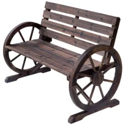 Outsunny Wooden Wagon Wheel Bench Rustic Outdoor Patio Furniture, 2-Person Seat Bench With Backrest -Outsunny GUEST 0847a2a5 3553 4b5d a850 51fd2cf740b8