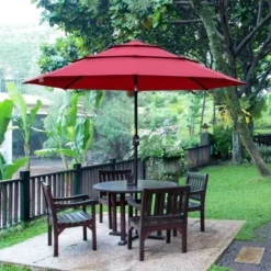 Outsunny 9FT 3 Tiers Patio Umbrella Outdoor Market Umbrella With Crank, Push Button Tilt For Deck, Backyard And Lawn