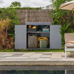 Outsunny Garden Storage Cabinet, Outdoor Tool Shed With Galvanized Top And Two Shelves For Yard Tools Or Pool Accessories