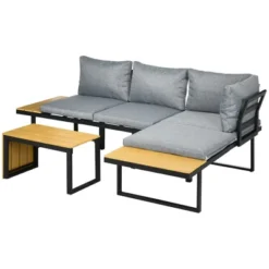 Outsunny 3 Piece Patio Furniture Set, Outdoor Sofa Set With Chaise Lounge & Loveseat, Soft Cushions, Woodgrain Plastic Table, L-Shaped Sectional, Gray -Outsunny GUEST 0c815b0c 5472 4834 b0be d8d5ed717be2