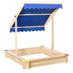 Outsunny Wooden Sandbox W/ Adjustable Canopy, Children Outdoor Playset Weather Resistant 47" L X 47" W X 47" H, Natural & Blue -Outsunny GUEST 0d6dcf4a 0ee6 482a 87ab 7ce8f01e59d2