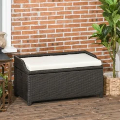 Outsunny Storage Bench Rattan Wicker Garden Deck Box Bin With Interior Waterproof Bag And Comfy Cushion, Cream White