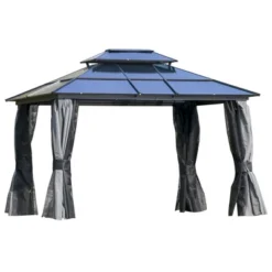 Outsunny Hardtop Gazebo Outdoor Polycarbonate Canopy Aluminum Frame Pergola With Double Vented Roof, Netting & Curtains For Garden -Outsunny GUEST 0ef4d7e5 5f40 4b2b 9c2d 49afd9d1d366