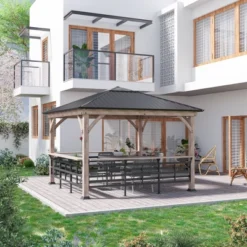 Outsunny 11' X 11' Grill Gazebo Canopy, Hardtop Gazebo With Three Bar Counters, Metal And Acrylic Combined Roof