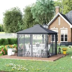 Outsunny 25 Outsunny 10' X 10' Patio Gazebo Canopy Outdoor Pavilion With Mesh Netting SideWalls, 2-Tier Polyester Roof, & Steel Frame, Dark Gray