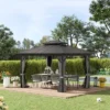 Outsunny 10' X 12' Metal Hardtop Gazebo With Mesh Sidewalls & Curtains, Double Roof Pavilion For Patio, Backyard, Deck, Porch, Gray