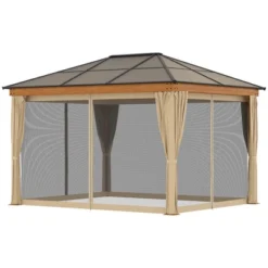 Outsunny 10' X 12' Hardtop Polycarbonate Gazebo Canopy, Aluminum Frame Pergola With Top Vent, Netting & Sidewalls For Garden, Patio, Khaki -Outsunny GUEST 122d5f9a ef67 4428 902d 48f90bab4573