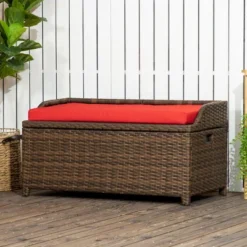 Outsunny Patio Wicker Storage Bench, Cushioned Outdoor PE Rattan Patio Furniture, Assisted Easy Open, Two-In-One Seat Box With Handles Seat, Red
