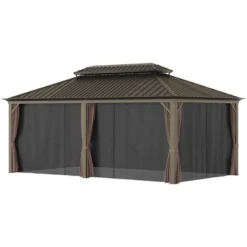 Outsunny Patio Gazebo 12' X 20', Netting & Curtains, 2 Tier Double Vented Steel Roof, Hardtop, Ceiling Hooks, Rust Proof Aluminum, Brown -Outsunny GUEST 13743f28 cc93 4a08 bf29 21e3ef81556f