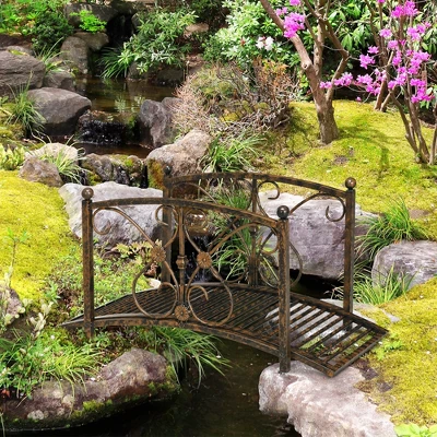 Outsunny 3.4FT Metal Arch Zen Garden Bridge With Safety Siderails, Decorative Footbridge, Delicate Floral Scrollwork For Stream, Fish Pond, Brown 2 Outsunny 3.4FT Metal Arch Zen Garden Bridge With Safety Siderails, Decorative Footbridge, Delicate Floral Scrollwork For Stream, Fish Pond, Brown - Image 2