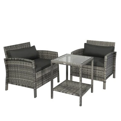 Outsunny 3 Pcs Rattan Wicker Bistro Set With Soft Cushions, Outdoor Conversation Coffee Sets With Glass Table Top And Open Storage Shelf For Patio, Backyard, Garden 5 Outsunny 3 Pcs Rattan Wicker Bistro Set With Soft Cushions, Outdoor Conversation Coffee Sets With Glass Table Top And Open Storage Shelf For Patio, Backyard, Garden - Image 5