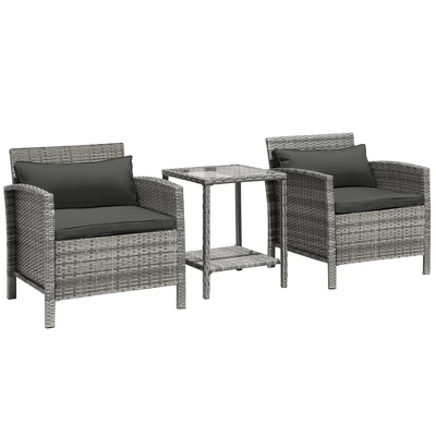Outsunny 3 Pcs Rattan Wicker Bistro Set With Soft Cushions, Outdoor Conversation Coffee Sets With Glass Table Top And Open Storage Shelf For Patio, Backyard, Garden 6 Outsunny 3 Pcs Rattan Wicker Bistro Set With Soft Cushions, Outdoor Conversation Coffee Sets With Glass Table Top And Open Storage Shelf For Patio, Backyard, Garden - Image 6