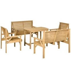 Outsunny 5 Piece Patio Furniture, 6 Seat Outdoor Dining Set, Natural Wood Dinner Table, 2 Chairs, Loveseats With Armrests & Umbrella Hole, Light Brown -Outsunny GUEST 1f8b31be 49c4 4bdf 9adf ee1da9feb466