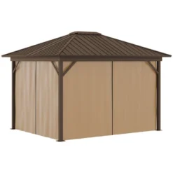 Outsunny 11.9" X 9.8" Hardtop Gazebo With Curtains And Netting, Permanent Pavilion Metal Roof Gazebo Canopy With Aluminum Frame And Top Hook, Brown -Outsunny GUEST 22bd628b e540 4a29 a0d9 f3335745b14f