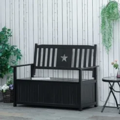 Outsunny Outdoor Wooden Storage Bench Deck Box, Wood Patio Furniture, 43 Gallon Pool Storage Bin Container With Cloth, Backrest, Armrests, Star, Black