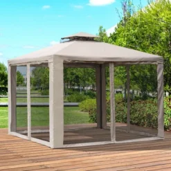Outsunny 27 Outsunny 10' X 10' Patio Gazebo Outdoor Canopy Shelter With 2-Tier Roof And Netting, Steel Frame For Garden, Lawn, Backyard And Deck