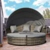 Outsunny 4-piece Cushioned Outdoor Rattan Wicker Round Sunbed Or Conversational Sofa Set With Sun Canopy For Lawn Garden Backyard Poolside, Gray
