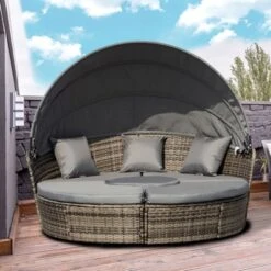 Outsunny 4-piece Cushioned Outdoor Rattan Wicker Round Sunbed Or Conversational Sofa Set With Sun Canopy For Lawn Garden Backyard Poolside, Gray