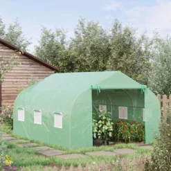 Outsunny 12' X 10' X 7' Outdoor Walk-In Tunnel Greenhouse Hot House With Roll-up Windows, Zippered Door, PE Cover, Green