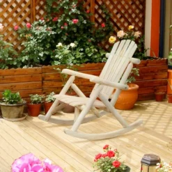 Outsunny Wooden Adirondack Rocking Chair, Outdoor Rustic Log Rocker With Slatted Design For Patio