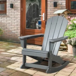 Outsunny Outdoor Rocking Chair, HDPE Adirondack Style Rocker Chair For Porch, Garden, Patio, Light Gray