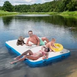 Outsunny 8' X 5' Water Inflatable Floating Dock, Rafting Platform Island, Large Mat With Air Pump & Backpack, For Pool, Beach, Ocean, Blue