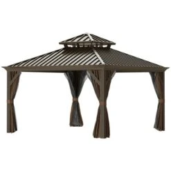 Outsunny Patio Gazebo 12' X 12', Netting & Curtains, 2 Tier Double Vented Steel Roof, Hardtop, Ceiling Hooks, Rust Proof Aluminum, Brown -Outsunny GUEST 37f93154 9cf7 4119 8a34 aaf63a899561
