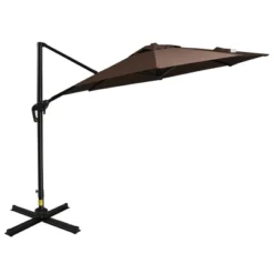 Outsunny 9.8' Offset Patio Umbrella With Base, Steel Aluminum Cantilever Umbrella With 360-degree Rotation, Tilt, 8 Ribs, Crank, Cross Base, Coffee -Outsunny GUEST 397f6a93 9e66 420a 9ee9 66bf50faa643