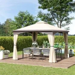 Outsunny 17 Outsunny 10' X 10' Outdoor Gazebo With Mesh Netting Sidewalls For Shade And Rain, Patio Gazebo Canopy With 2-Tier Soft Top Roof And Steel Frame For Lawn, Garden, Backyard And Deck