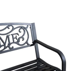 Outsunny 50" Outdoor Metal Welcome Bench, Powder Coated Cast Iron Sign & Steel Frame, 2 Person Bench With Antique Vine Motifs & Slatted Seat, Black -Outsunny GUEST 3f111205 2d54 4cd2 84a6 54408320f897