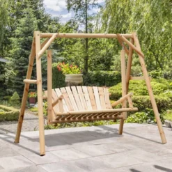 Outsunny 37 Outsunny 6.5' Outdoor Rustic Loveseat Solid Wood Natural Log Garden Swing