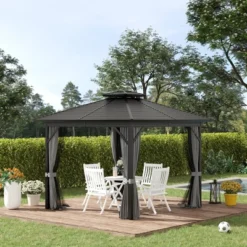 Outsunny 13 Outsunny 10' X 10' Metal Hardtop Gazebo With Mesh Sidewalls & Curtains, Double Roof Pavilion For Patio, Backyard, Deck, Porch, Gray