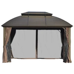 Outsunny 10' X 12' Hardtop Gazebo With Galvanized Steel Rounded Double Roof, Aluminum Frame, Pavilion Gazebo With Netting, Hooks, And Curtains, Brown -Outsunny GUEST 438cf441 64c4 4d3b adc2 75c6e82e2621