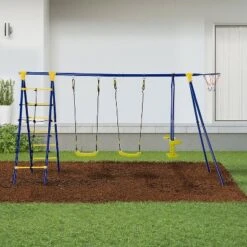Outsunny Kids Metal Swing Set For Backyard, Outdoor Play Equipment, With Adjustable Swing Seat, Glider, Basket Hoop, Climb Ladder & Rope, A-Frame Stand, For 3-10 Years Old, Blue