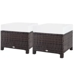 Outsunny 2 Pc 20" Outdoor PE Rattan Wicker Ottoman, Fade-Resistant Patio Footrest With Soft Cushion, Steel Frame, Dark Brown, White -Outsunny GUEST 4ae39110 d32d 4980 b7a0 be5228e84fd9