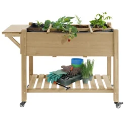 Outsunny 49" X 21" X 34" Raised Garden Bed W/ 8 Grow Grids, Outdoor Wood Plant Box Stand W/ Folding Side Table And Wheels, Natural -Outsunny GUEST 4d0deb62 64d3 4f1e be7c 4f225443b893