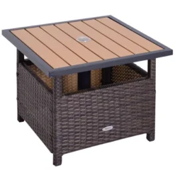 Outsunny 22'' Rattan Wicker Side Table With Steel Frame, Umbrella Insert Hole, Sand Bag For Outdoor, Patio, Garden, Backyard -Outsunny GUEST 4d6f31ff e972 402d 8a3b ac97fb4d9ece