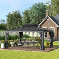 Outsunny Patio Gazebo 15.9' X 12', Netting & Curtains, 2 Tier Double Vented Steel Roof, Hardtop, Ceiling Hooks, Rust Proof Aluminum, Gray