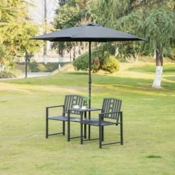 Outsunny Metal Garden Bench With Middle Table And Umbrella Hole, 2-in-1 Double Patio Chairs, Outdoor 2-person Tete-a-Tete, Slatted, Black -Outsunny GUEST 51711f9e f458 4180 a567 6778cef47e6f