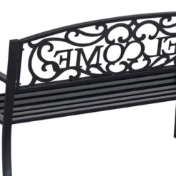 Outsunny 50" Outdoor Metal Welcome Bench, Powder Coated Cast Iron Sign & Steel Frame, 2 Person Bench With Antique Vine Motifs & Slatted Seat, Black -Outsunny GUEST 51e8788d e83e 4e4b a762 f886fb39d32e
