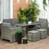 Outsunny Patio Dining Set, PE Rattan Furniture With 2 Chairs With Cushions & Outdoor Loveseat Sofa, Woodgrain Slatted Dinner Table, Mixed Gray