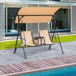 Outsunny 2 Person Covered Porch Swing With Pivot Storage Table, Cup Holder, & Adjustable Overhead Canopy