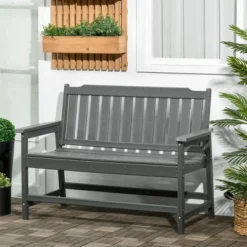 Outsunny 33 Outsunny Outdoor Bench, 2-Person Park Style Garden Bench With All-Weather HDPE, 704 Lbs. Weight Capacity, Slatted Back & Armrests, Dark Gray