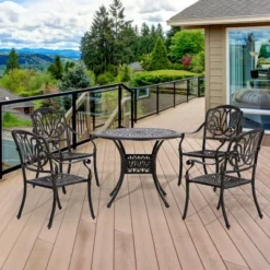 Outsunny Outdoor Furniture Cast Aluminum Dining Set For 4, Round Patio Table And Chairs W/ Umbrella Hole, Stackable Design, Adjustable Feet, Bronze