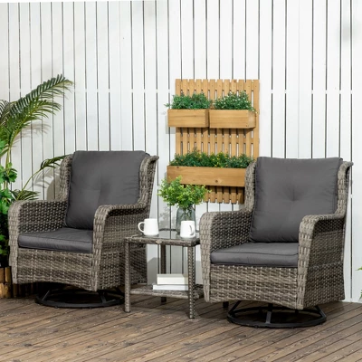 Outsunny 3-Piece Patio Bistro Set, PE Rattan Wicker Outdoor Furniture, Soft Cushions, 2 360 Swivel Rocking Chairs, 2-Tier Coffee Table 1 Outsunny 3-Piece Patio Bistro Set, PE Rattan Wicker Outdoor Furniture, Soft Cushions, 2 360 Swivel Rocking Chairs, 2-Tier Coffee Table