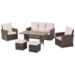 Outsunny 6 PCS Patio Dining Set All Weather Rattan Wicker Furniture Set With Wood Grain Top Table And Soft Cushions -Outsunny GUEST 603ca7ef 0432 41a9 bc23 732530f9e001